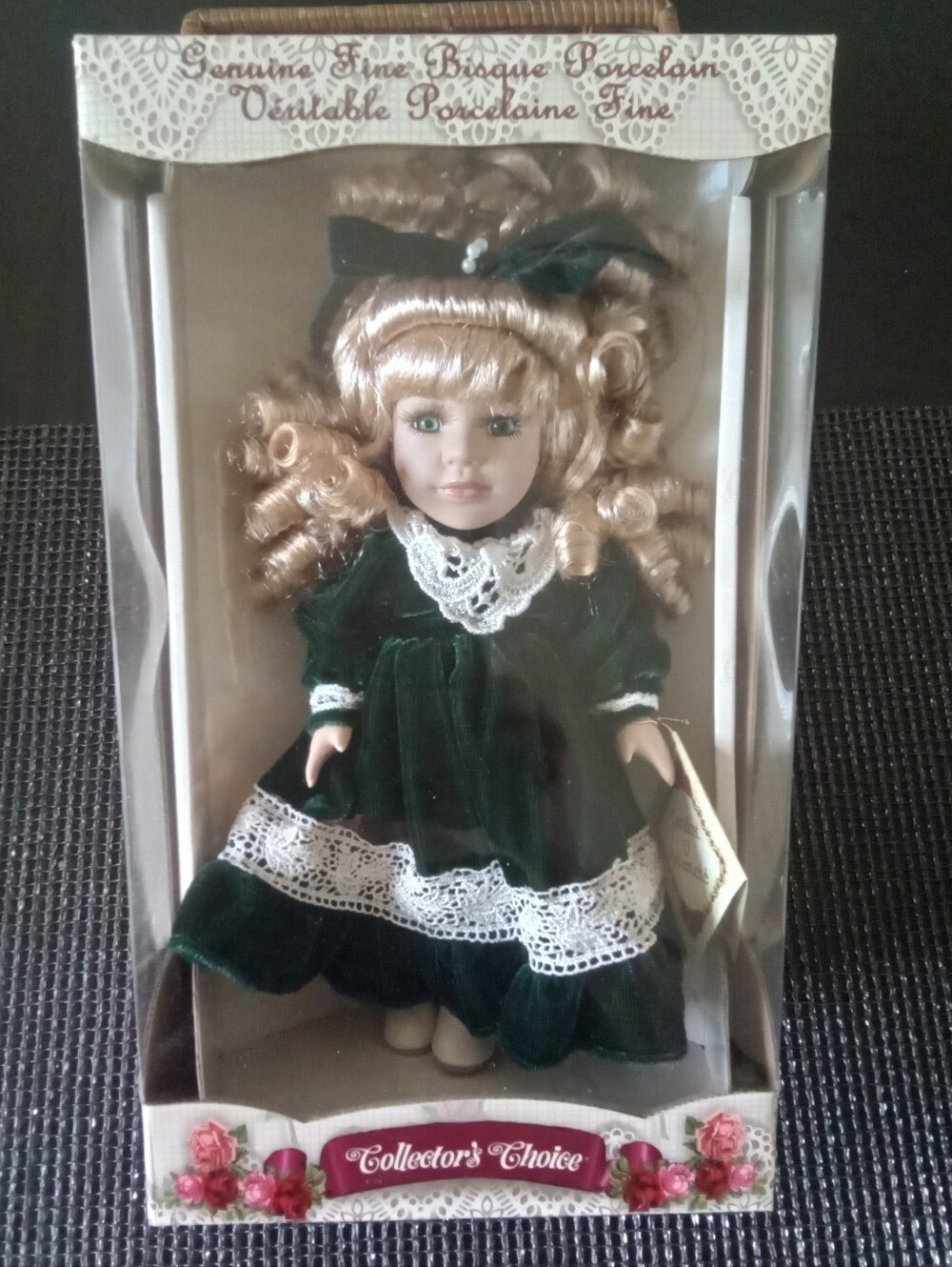 Porcelain Doll in Dark Green Velvet Dress